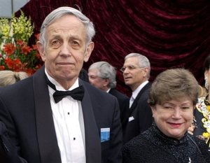 FILE - In this March 24, 2002 file photo, John Nash, left, and his wife Alicia, arrive at the 74th annual Academy Awards, in Los Angeles. Princeton University said farewell to the late John Nash, the Nobel Prize-winning mathematician whose struggle with schizophrenia was chronicled in the 2001 movie "A Beautiful Mind, with a day of remembrance events and a panel discussion about him on Saturday, Oct. 24, 2015. (AP Photo/Laura Rauch, File)