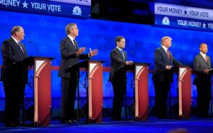 Jeb Bush, second from left, is flanked by Mike Huckabee, left, Marco Rubio, center, Donald Trump, second from right, and Ben Carson during the CNBC Republican presidential debate at the University of Colorado, Wednesday, Oct. 28, 2015, in Boulder, Colo. (AP Photo/Mark J. Terrill)