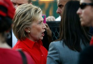 Democratic presidential candidate Hillary Rodham Clinton arrives at a rally Monday, Oct. 12, 2015, in Las Vegas, held by the Culinary Union to support a union drive at the Trump Hotel in Las Vegas. (AP Photo/John Locher)