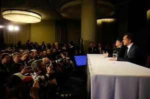 Buenos Aires' Governor and ruling party presidential candidate Daniel Scioli, right, and his running mate Carlos Zannini give a press conference the day after elections in Buenos Aires, Argentina, Monday, Oct. 26, 2015. Scioli, President Cristina Kirchner's chosen successor, will face opposition candidate Mauricio Macri in a presidential runoff election on Nov. 22. (AP Photo/Natacha Pisarenko)