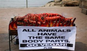 FILE - In this Nov. 6, 2013 file photo, animal rights activist and co-founder of People for the Ethical Treatment of Animals (PETA) Ingrid Newkirk lies on a mock barbecue stand as a sign of protest in Mumbai, celebrating World Vegan Month, a month long celebration of a health, environment- and animal-friendly vegan diet. PETA turns 35 years old in 2015, is the largest animal rights group in world with 3 million members, and has done a lot with a little sex, shock and celebrity.(AP Photo/Rafiq Maqbool, File)