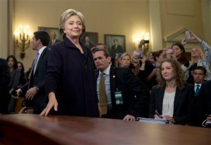 Democratic presidential candidate, former Secretary of State Hillary Rodham Clinton arrives on Capitol Hill in Washington, Thursday, Oct. 22, 2015, to testify before the House Benghazi Committee. After months of buildup, Hillary Rodham Clinton finally takes center stage as the star witness in the Republican-led investigation into the deadly 2012 attacks in Benghazi, Libya.  (AP Photo/Evan Vucci)