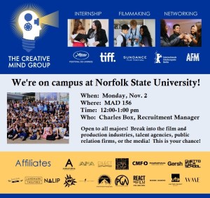 The Creative Mind Group will be on the campus of Norfolk State University on Monday, Nov. 2, from 12 noon to 1 p.m. in room 156 of Madison Hall. The event is sponsored by Norfolk State’s nationally-accredited Dept. of Mass Communications and Journalism.