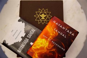 Books by Indian writer Nayantara Sahgal are arranged for illustration purpose at a bookstore in New Delhi, India, Wednesday, Oct. 14, 2015. Dozens of writers, including Sahgal, have returned India's highest literary honor to protest what they call a growing climate of intolerance in the country since Prime Minister Narendra Modi's government took office. (AP Photo/Saurabh Das)