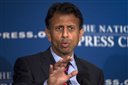 FILE - In this Sept. 10, 2015 file photo, Republican presidential candidate, Louisiana Gov. Bobby Jindal speaks at the National Press Club in Washington.  Jindal offers history from a conservative viewpoint in a new book illustrating the folly of looking to the government for the solution to all of our problems. Tracing an arc from the Bill of Rights to President Barack Obamas health care law, the Louisiana governor came out Tuesday with American Will, a book meant to advance his struggling campaign.   (AP Photo/Molly Riley, File)