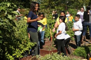First lady Michelle Obama, joined by school children from Washington area, participate in a harvest of the White House Kitchen Garden, Tuesday, Oct. 6, 2015,  at the White House in Washington. (AP Photo/Andrew Harnik)