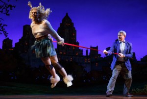 In this image released by Jeffrey Richards Associates, Annaleigh Ashford, left, and Matthew Broderick appear during a performance of "Sylvia," in New York. (Joan Marcus/Jeffrey Richards Associates via AP)