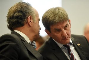 Christian Koch, right, the president and CEO of Volkswagen Group of America Chattanooga Operations, David Geanacopoulos, executive vice president for public affairs and general counsel for Volkswagen Group of America, during a legislative hearing in Chattanooga, Tenn., Thursday, Oct. 29, 2015, about the effects of the diesel emissions cheating scandal at the plant. Koch told the panel that up to 25 percent of the more than 500,000 sedans that have been made at the German automakers lone U.S. plant were diesels. (Angela Lewis Foster/Chattanooga Times Free Press via AP) THE DAILY CITIZEN OUT; NOOGA.COM OUT; CLEVELAND DAILY BANNER OUT; LOCAL INTERNET OUT; MANDATORY CREDIT