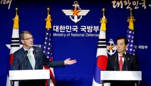 U.S. Defense Secretary Ash Carter, left, answers a reporter's questions during a joint news conference with South Korean Defense Minister Han Min Koo after the 47th Security Consultative Meeting (SCM) at Defense Ministry in Seoul, South Korea, Monday, Nov. 2, 2015. The U.S. and South Korea are pledging to strengthen their combined defenses against what they call threats by North Korea, but they announced no specific new steps toward a long-delayed transfer of wartime control of South Korean forces from the U.S. military to the South Korean government. (AP Photo/Lee Jin-man, Pool)