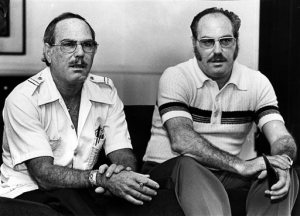 In this Nov. 25, 1979 photo, Jack Yufe, left, and his twin brother, Oskar, look on. Separated soon after birth, Jack Yufe was raised as a Jew in Trinidad while his sibling Oskar grew up in Nazi Germany where he joined the Hitler Youth when he was 12. Jack Yufe, who survived his brother by 18 years, died Monday, Nov. 9, 2015, at age 82. (Robert Lachman/Los Angeles Times via AP) NO FORNS; NO SALES; MAGS OUT; ORANGE COUNTY REGISTER OUT; LOS ANGELES DAILY NEWS OUT; INLAND VALLEY DAILY BULLETIN OUT; MANDATORY CREDIT, TV OUT