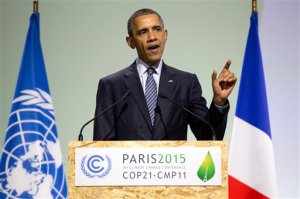President Barack Obama delivers remarks during the COP21, United Nations Climate Change Conference, in Le Bourget, outside Paris, on Monday, Nov. 30, 2015. (AP Photo/Evan Vucci)