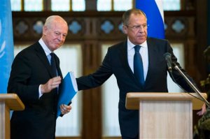 Russian Foreign Minister Sergey Lavrov, right, and U.N. Special Envoy for Syria Staffan de Mistura leave a news conference following their talks in Moscow, Russia, Wednesday, Nov. 4, 2015. Lavrov says he hopes that international peacebrokers in the coming days will agree on the list of opposition groups that should be invited to peace talks. (AP Photo/Alexander Zemlianichenko)