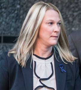 Suspended Hummelstown, Pa. Police Officer Lisa Mearkle enters the Dauphin County Courthouse on Friday, Oct. 30, 2015 for jury selection in Harrisburg, Pa. Mearkle is charged with third-degree murder, voluntary manslaughter and involuntary manslaughter for fatally shooting an unarmed man after he fled from a traffic stop in February 2015.  (Mark Pynes/PennLive.com via AP) MANDATORY CREDIT