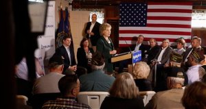 Democratic presidential candidate Hillary Rodham Clinton speaks during a campaign stop at the VFW Post, Tuesday Nov. 10, 2015 in Derry, N.H. Clinton outlined her plan to improve the Department of Veterans Affairs, pushing back against calls by Republicans to privatize the sprawling health care system for those who have served in the military. (AP Photo/Jim Cole)