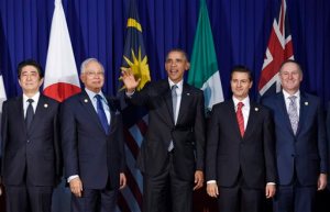 President Barack Obama, center, and other leaders of the Trans-Pacific Partnership countries pose for a photo in Manila, Philippines, Wednesday, Nov. 18, 2015, ahead of the start of the Asia-Pacific Economic Cooperation (APEC) summit. The leaders are, from left, Japans Prime Minister Shinzo Abe, Malaysias Prime Minister Najib Razak, President Obama, Mexicos President Enrique Pena Nieto, New Zealands Prime Minister John Key. (AP Photo/Susan Walsh)
