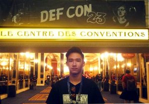 This August 2014 photo provided by Shu Chien shows her son Moshe Kai Cavalin at the DEF CON 23 hacker's conference in Las Vegas. Cavalin, of San Gabriel, Calif., earned a bachelors in math from UCLA at age 15, and is taking online classes through Brandeis University, near Boston, towards a masters in cybersecurity. Hes also working for NASA, where he is developing aircraft tracking technology. (Shu Chien via AP)