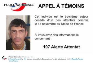 RETRANSMISSION TO CLARIFY POLICE ARE SEEKING INFO ABOUT THIS DEAD SUICIDE BOMBER - This notice released Sunday, Nov. 22, 2015, by the French Police shows a call for witnesses and an undated portrait of an unidentified suicide bomber in connection with recent terror attacks in Paris, as police investigations continue. The notice, released on the national police Twitter account, reads in French: "Call for witnesses - this unidentified individual is the third attacker who died at the Stade de France. Please call if you have any information". (Police Nationale via AP)