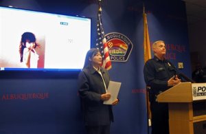 FBI special agent in charge Carol K.O.  Lee, left, and Albuquerque Police Department Chief Gorden Eden address the media Wednesday, Oct. 21, 2015, following a road-rage incident where four-year-old Lilly Garcia was shot and killed in Albuquerque, N.M. Police detained a man on Wednesday in connection with the killing of the girl who was shot in the backseat of her father's truck after he picked up her and her brother from school. (AP Photo/Mary Hudetz)