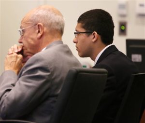 Philip Chism, right, appears in Salem Superior Court with one of his lawyers, John Osler in Salem, Mass., Monday, Nov. 16, 2015. Chism is accused of first degree murder, along with rape and robbery, in the Oct. 2013 slaying of teacher Colleen Ritzer, 24, of Andover. (Ken Yuszkus /The Salem News via AP, Pool)