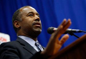 Republican presidential candidate Ben Carson speaks at a news conference after a rally Sunday, Nov. 15, 2015, in Henderson, Nev. Carson spoke at a church in Las Vegas earlier in the day before speaking to a crowd at the rally in Henderson, Nev.  (AP Photo/John Locher)