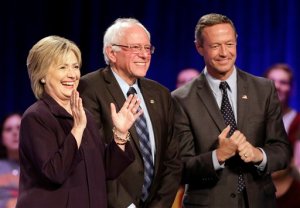 FILE - In this Nov. 6, 2015, file photo Democratic presidential candidates Hillary Rodham Clinton, from left, Sen. Bernie Sanders, I-Vt., and former Maryland Gov. Martin O'Malley, smile after a Democratic presidential candidate forum at Winthrop University in Rock Hill, S.C. Clinton has locked up public support from half of the Democratic insiders who cast ballots at the partys national convention, giving her a commanding advantage over her rivals for the partys presidential nomination. Clintons margin over Sanders and OMalley is striking. (AP Photo/Chuck Burton, File)