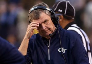 Georgia Tech head coach Paul Johnson puts a hand to his face in the final moments of an ACC college football game against Virginia at Scott Stadium, Saturday, Oct. 31, 2015, in Charlottesville, Va. Virginia defeat Georgia Tech 27-21.(AP Photo/Andrew Shurtleff)