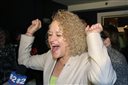 Former state lawmaker Jackie Biskupski reacts as results come in at her election night party for Salt Lake City Mayor, Tuesday, Nov. 3, 2015, in Salt Lake City. (AP Photo/Rick Bowmer)