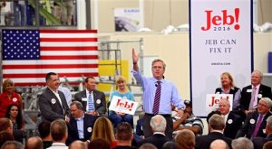 Republican presidential candidate Jeb Bush talks about his record as Florida governor and his hopes for his presidency during a campaign stop at the Kaman Aerospace in  Jacksonville, Fla., on Monday Nov. 2, 2015.  (Bob Mack/The Florida Times-Union via AP)