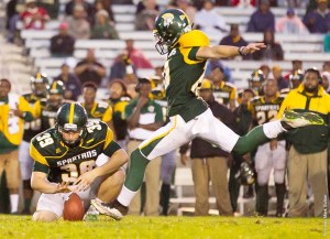 NORFOLK, Va. – Cameron Marouf kicked a 41-yard field goal to tie the game late in regulation, then nailed a 38-yarder in overtime to lift Norfolk State to a 20-17 homecoming win over Savannah State at a rain-soaked Dick Price Stadium on Saturday afternoon.