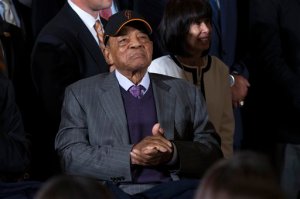 FILE - In this June 4, 2015, file photo San Francisco Giants Hall of Fame baseball player Willie Mays listens in the East Room of the White House in Washington, during a ceremony where President Barack Obama honored the 2014 World Series champion baseball team. President Barack Obama on Monday, Nov. 16, 2015, named seventeen recipients, including Mays, of the Presidential Medal of Freedom. (AP Photo/Evan Vucci)