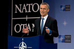NATO Secretary General Jens Stoltenberg speaks during a media conference at NATO headquarters in Brussels on Tuesday, Dec. 1, 2015. U.S. Secretary of State John Kerry and other NATO foreign ministers met Tuesday to discuss Russia, beefing up the alliance's southern defenses and whether to expand NATO by adding Montenegro to the NATO Alliance. (AP Photo/Virginia Mayo)