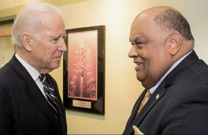 Vice President Joe Biden and Norfolk State University President and CEO Eddie N. Moore, Jr. talk about the cyber security workforce training program on Jan. 16, 2015. Photo from Norfolk State University.
