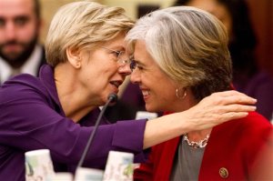 Senate Health, Education, Labor and Pensions Committee member Sen. Elizabeth Warren, D-Mass., left, talks with House Education and the Workforce Committee member Rep. Katherine Clark, D-Mass., on Capitol Hill in Washington, Wednesday, Nov. 18, 2015,as House and Senate negotiators try to resolve competing versions of a rewrite to the No Child Left Behind education law. (AP Photo/Jacquelyn Martin)