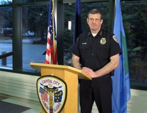 Juneau Police Chief Bryce Johnson addresses reporters during a news conference, Wednesday, Dec. 2, 2015, in Juneau, Alaska, after his department released preliminary autopsy results that indicated the city's mayor, Stephen "Greg" Fisk, had died of natural causes. (AP Photo/Becky Bohrer)