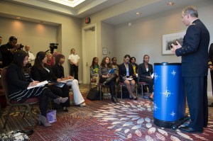 Supreme Allied Command Transformation Gen. Denis Mercier speaking with journalists following NATO's COTC15 opening panel discussions. Photo by Tykhari Coles