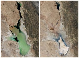 This photo combo of satellite images provided by NASA Earth Observatory shows Lake Poopo filled with water on April, 12, 2013, left, and almost dry on Jan. 15, 2016, right, in Bolivia. As Andean glaciers disappear so do the sources of Poopos water. Along with glacial melting, authorities say another factor is the diversion of water from Poopos tributaries, mostly for mining but also for agriculture. (NASA Earth Observatory via AP)