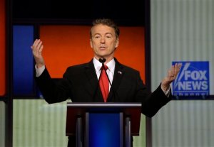 Rand Paul makes a point during a Republican presidential primary debate, Thursday, Jan. 28, 2016, in Des Moines, Iowa. (AP Photo/Chris Carlson)