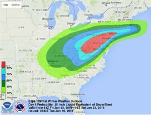 This image provided by National Oceanic and Atmospheric Administration's (NOAA) National Weather Service Weather Prediction Center shows an early computer model forecasting the chances of a windy, strong sleet-snow storm hitting the East Coast this weekend, Jan. 22-23, 2016. Meteorologists say tens of millions of Americans from Washington to Boston and the Ohio Valley could be walloped by an end-of-the-week snowstorm. (National Oceanic and Atmospheric Administration via AP)