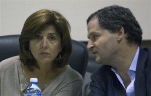 Colombia's Government Peace Commissioner Sergio Jaramillo and Colombia´s Foreign Minister Angela Maria Holguin, left, speak after a joint announcement with the Revolutionary Armed Forces of Colombia, in Havana, Cuba, Tuesday, Jan. 19, 2016. The negotiators asked for an United Nations observer's mission to monitor a future cease fire and disarmament process. (AP Photo/Desmond Boylan)