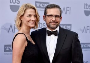 FILE - In this June 4, 2015, file photo, Nancy Carell, left, and Steve Carell arrive at the 43rd AFI Lifetime Achievement Award Tribute Gala at the Dolby Theatre in Los Angeles. In the grandly silly tradition of "Airplane!" and "The Naked Gun" comes TV police show parody "Angie Tribeca," which started as a husband and wifes private joke. The clout-wielding couple in this case are movie and TV star Steve Carell ("The Office," "The Big Short") and his wife, Nancy, formerly of "The Daily Show. (Photo by Jordan Strauss/Invision/AP, File)
