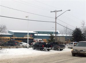 The outside of La Loche Community School is shown on Friday Jan. 22, 2016. Prime Minister Justin Trudeau said the shootings occurred at a high school and another location but did not say where else. School shootings are rare in Canada. The grade 7 through 12 La Loche Community School is in the remote aboriginal community of La Loche, Saskatchewan. (Joshua Mercredi/The Canadian Press via AP)