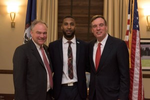 SGA President Twain Davis with Virginia Senators Tim Kaine (left) and Mark Warner (right) at the recent Student Debt Roundtable. (Photo from Norfolk State University)