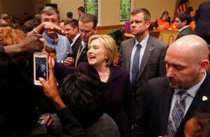 Democratic presidential candidate Hillary Clinton greets supporters after a campaign event at the Cumberland United Methodist Church in Florence, S.C., Thursday, Feb. 25, 2016. (AP Photo/Gerald Herbert)