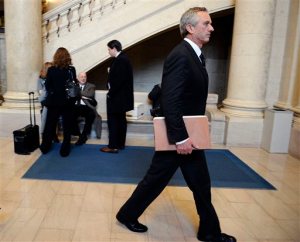 Robert F. Kennedy Jr, cousin of Michael Skakel arrives at the state Supreme Court for a hearing for Skakel, Wednesday, Feb. 24, 2016, in Hartford, Conn. State prosecutors asked the state Supreme Court to reinstate the 2002 murder conviction against Skakel in the bludgeoning death of Martha Moxley when they were teenage neighbors in wealthy Greenwich. Skakel, a nephew of Robert F. Kennedy's widow, Ethel, was freed on $1.2 million bail in 2013 when a lower court judge ordered a new trial. (AP Photo/Jessica Hill)