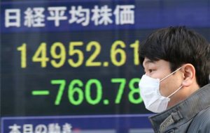 A man walks by an electronic stock board of a securities firm showing Japan's Nikkei Index that fell 760 points or 4.84 percent to 14,952.61 in Tokyo, Friday, Feb. 12, 2016. Japan's main stock index dived Friday, leading other Asian markets lower, after a sell-off in banking shares roiled investors in the U.S. and Europe. (AP Photo/Koji Sasahara)