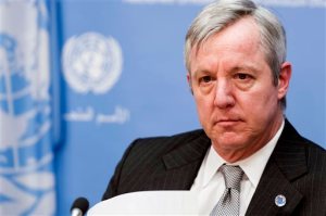 In this photo provided by the United Nations, Anthony Banbury, Assistant Secretary-General for Field Support, discusses the latest allegations of sexual exploitation and abuse with the media, Friday, Jan. 29, 2016 at United Nations headquarters. The U.N. human rights office says it has turned up six more cases of alleged sexual abuse against children by European troops in Central African Republic, including a 7-year-old girl who said she had to perform sexual acts on soldiers in exchange for water and cookies. (Mark Garten/The United Nations via AP)