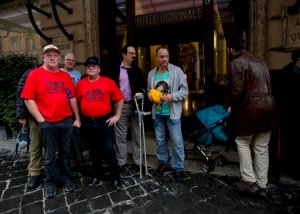 From left, Dominic Ridsdale, Phil Nagle, Tony Waroley, Stephen Woods and Peter Blenkiron, survivors and relatives of priestly sex abuse, stand in front of the Quirinale hotel in Rome, Sunday, Feb. 28, 2016. A group of Australian survivors of priestly sex abuse and their relatives are in Rome to witness one of the highest-ranking Vatican official, Cardinal George Pell, testify before an Australian commission investigating the depth of the abuse scandal Down Under. (AP Photo/Alessandra Tarantino)