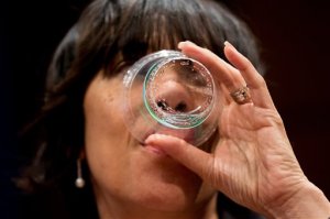 Flint Mayor Karen Weaver drinks water as she appears before a House Democratic Steering and Policy Committee hearing on the Flint water crisis on Capitol Hill in Washington, Wednesday, Feb. 10, 2016. (AP Photo/Andrew Harnik)