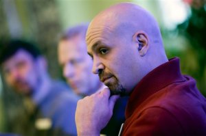 Mahmoud Hassino a homosexual Syrian refugee and gay activist with the Schwulenberatung activist group, attends a news conference in Berlin, Germany, Monday, Feb. 22, 2016. Across Europe, gay, lesbian and transgender migrants say they suffer from verbal, physical and sexual abuse in refugee shelters, and some have been forced to move out. (AP Photo/Markus Schreiber)