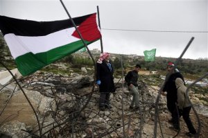 Palestinians stand next to their national flag and on the rubble of the demolished house of Raid Halil, who killed two Israelis in a stabbing attack in Tel Aviv in November, that was demolished by Israeli bulldozers, in the West Bank village of Dura, near Hebron, Tuesday, Feb. 23, 2016. Israel demolished the homes of two Palestinians who committed separate attacks against Israelis that killed five people, the military said. (AP Photo/Mahmoud Illean)